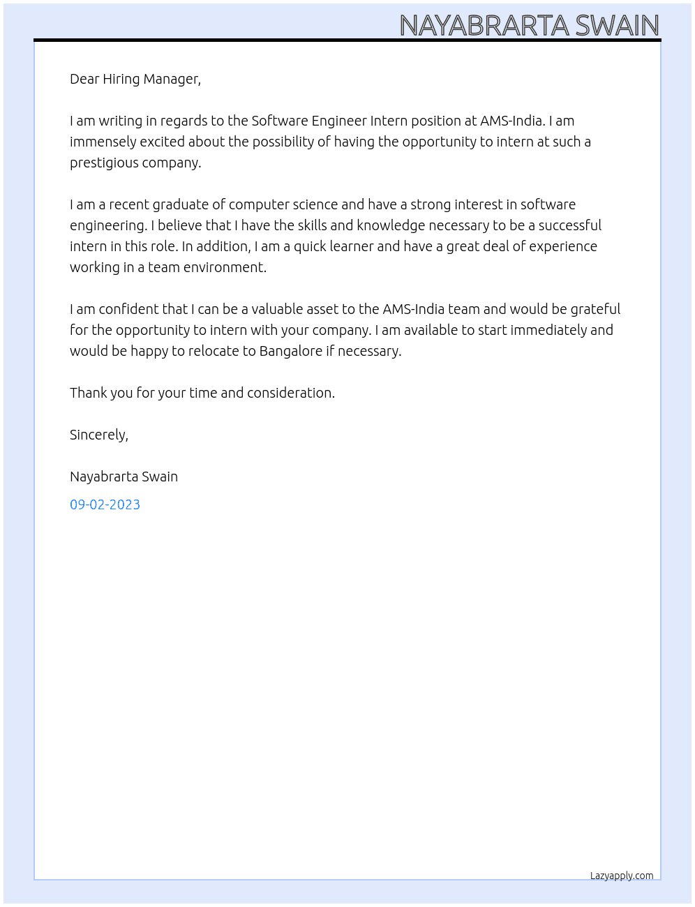 Software Engineer Intern At AMS-India Cover Letter