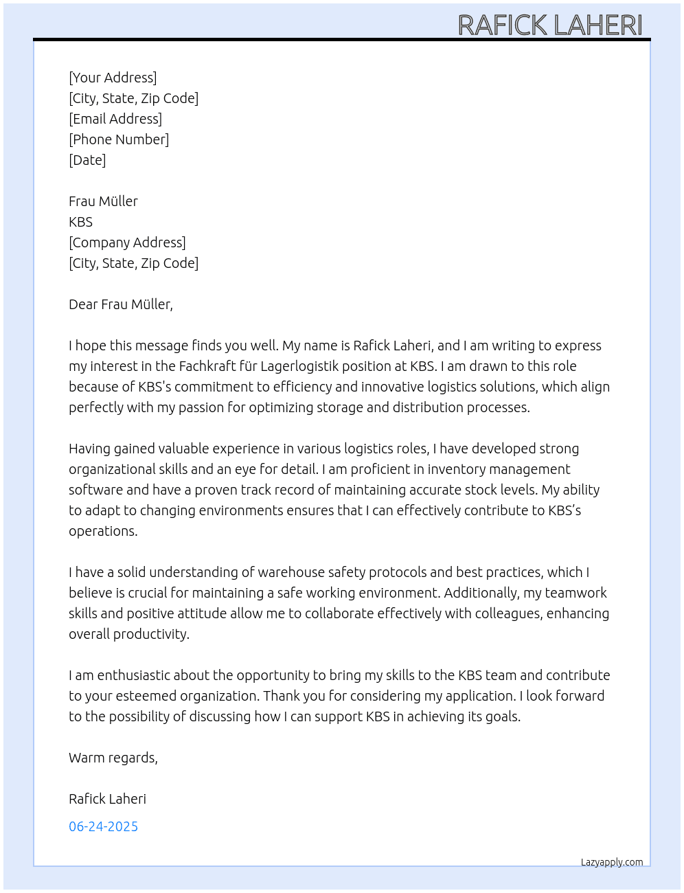 Fachkraft für Lagerlogistik  At KBS Cover Letter