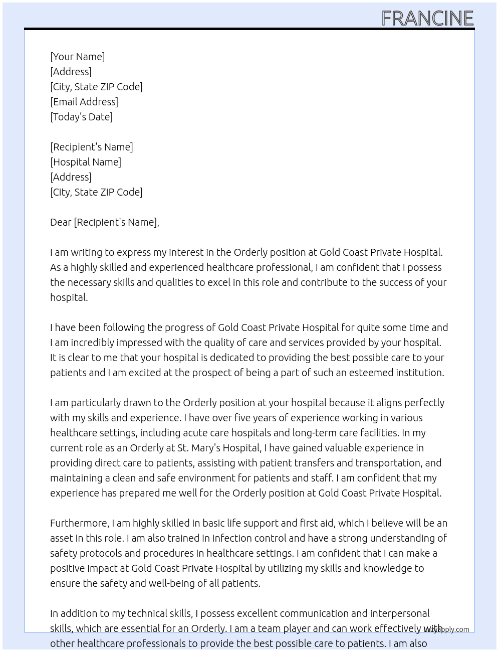 orderly At Gold Coast Private Hospital Cover Letter