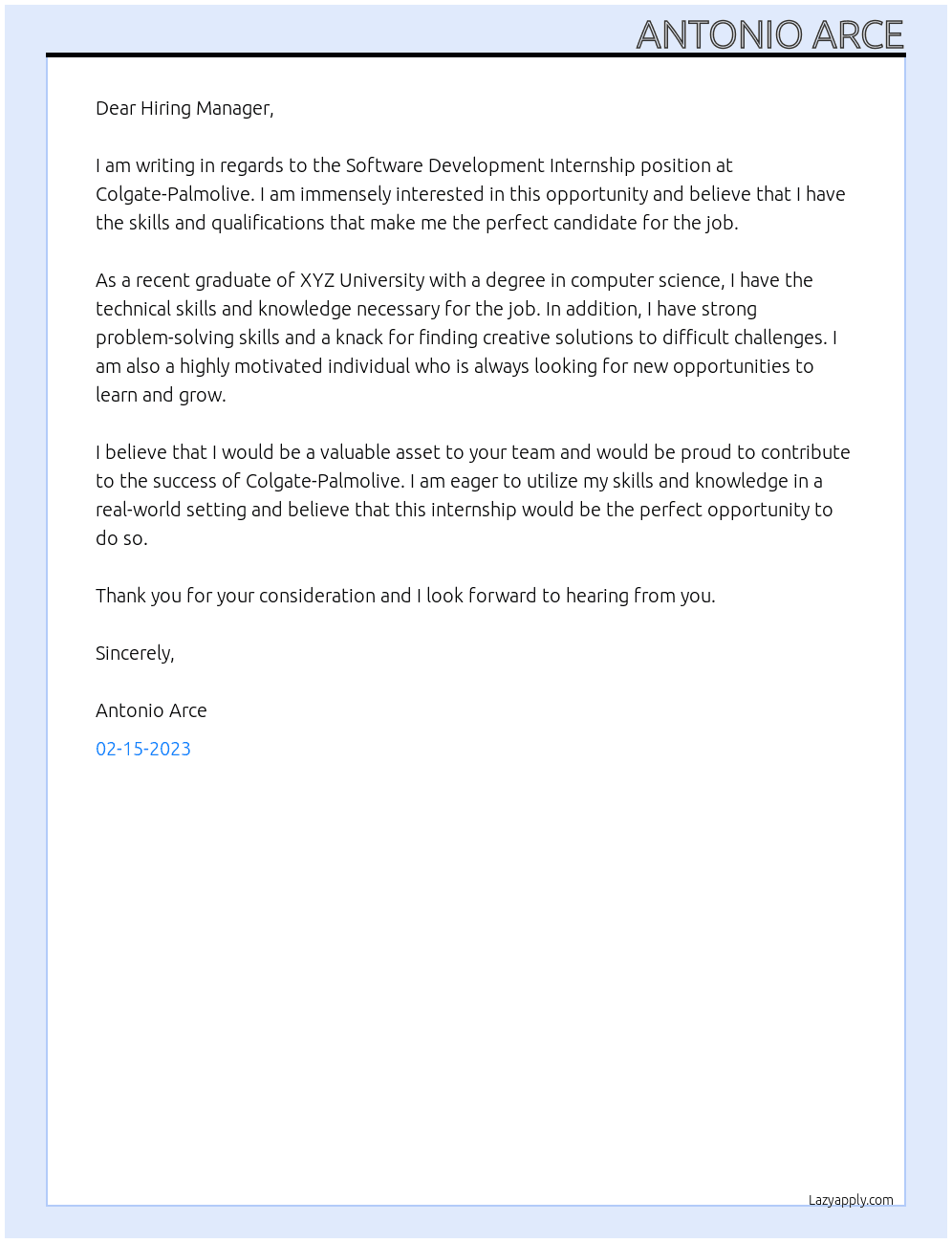 Software Development Internship At Colgate-Palmolive Cover Letter