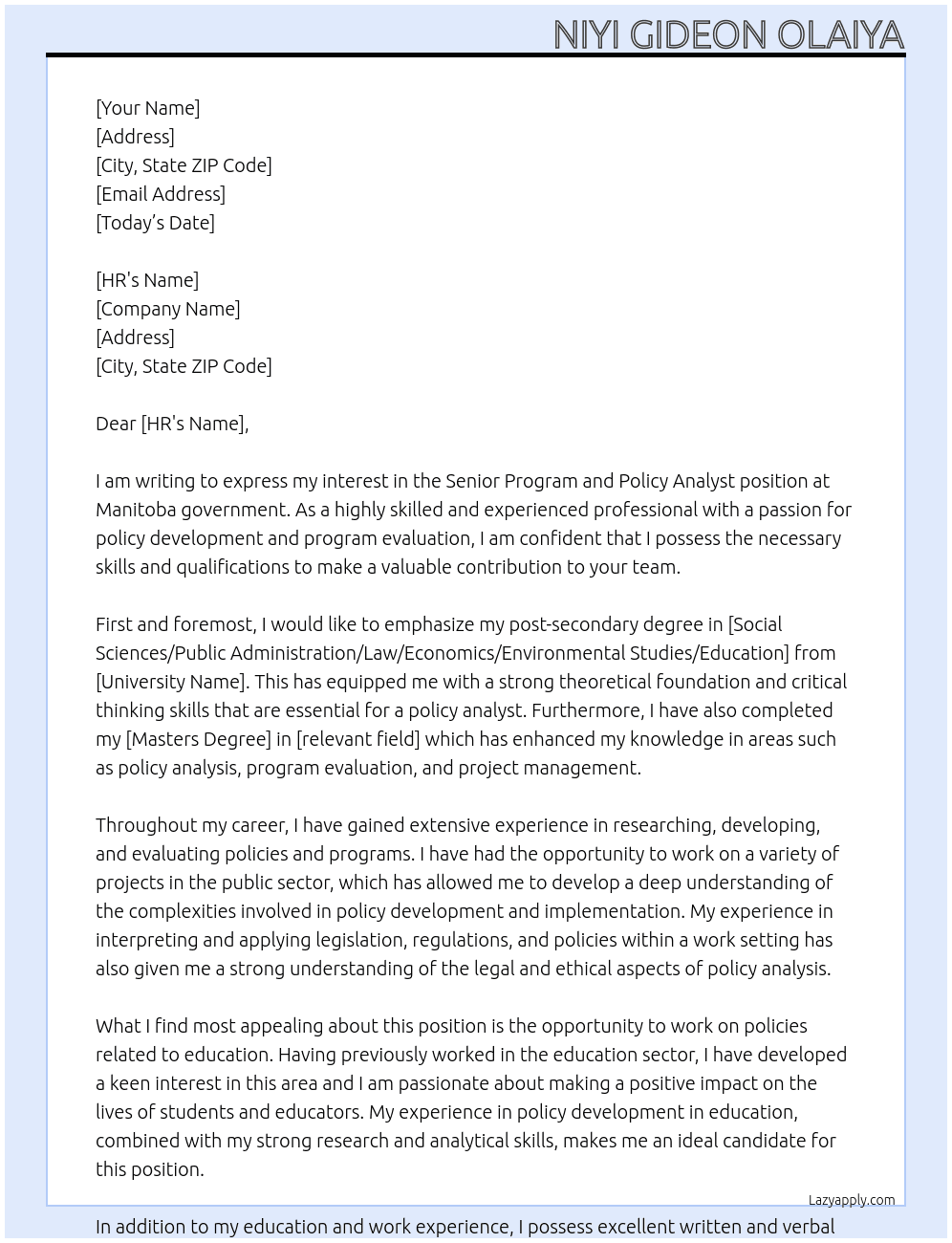 Senior Program and Policy Analyst At Manitoba government Winnipeg MB Cover Letter