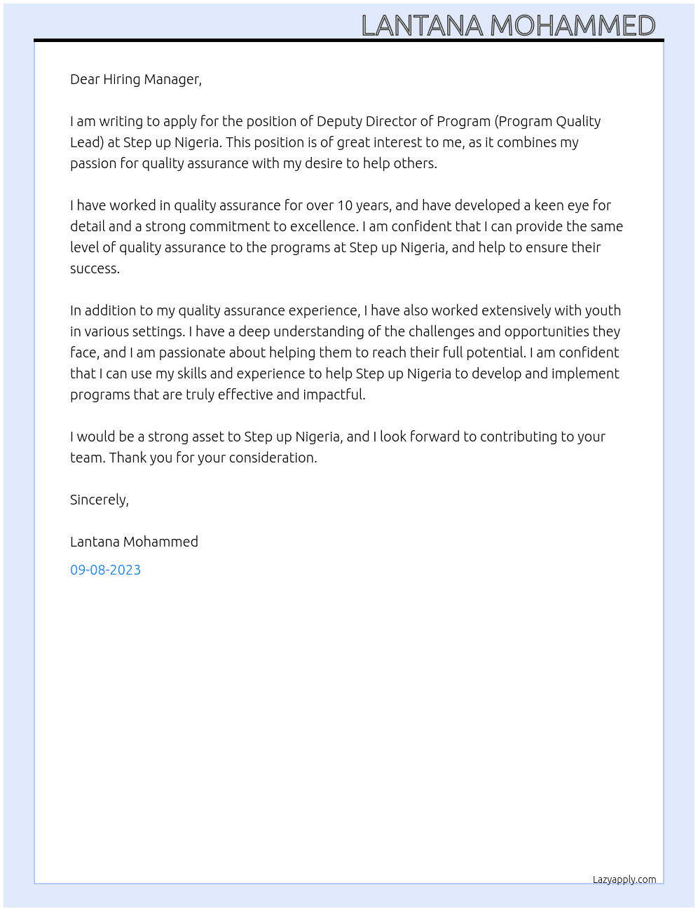 Deputy Director of Program ( Program Quality Lead) At Step up Nigeria  Cover Letter
