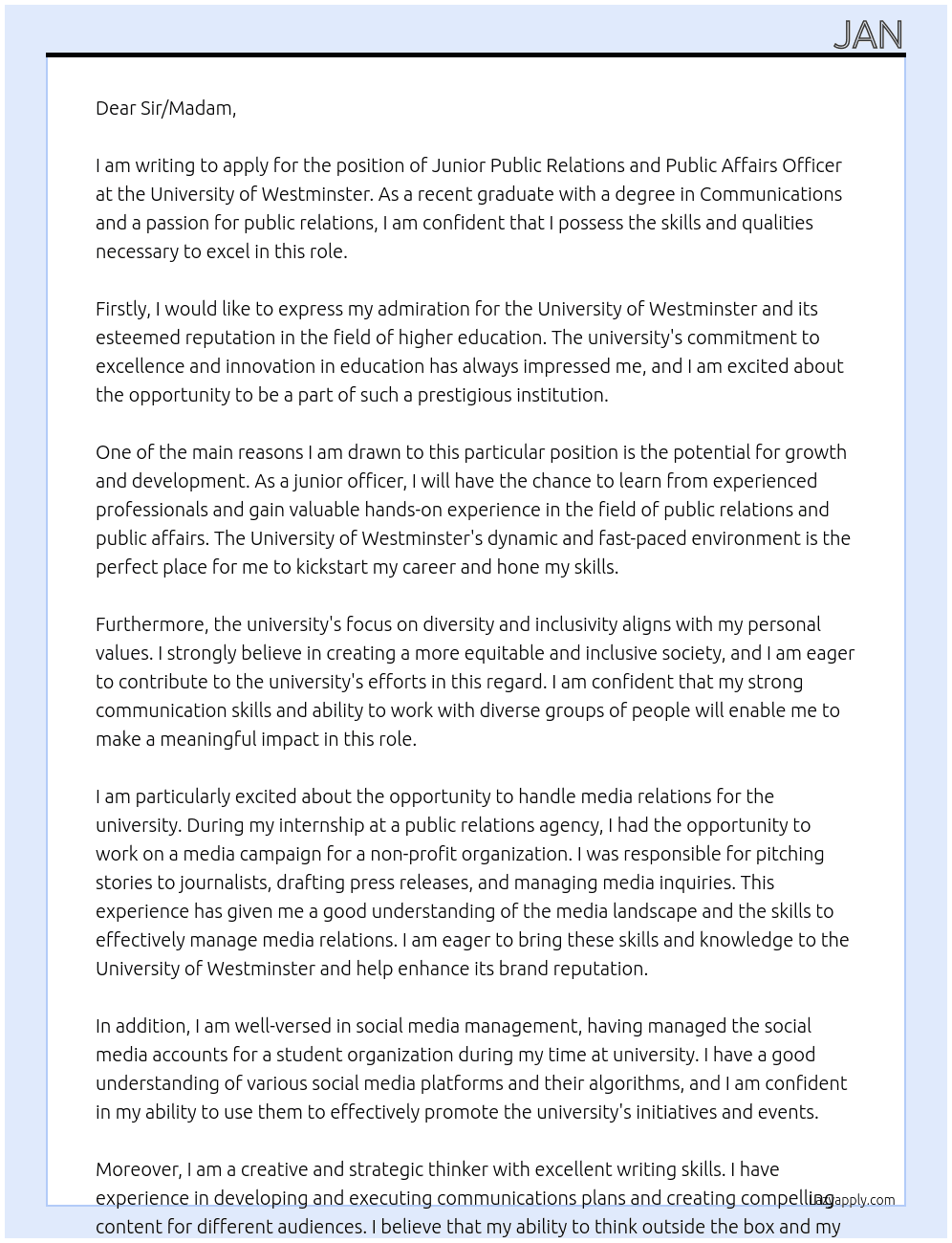Junior Public Relations and Public Affairs Officer  At University of Westminster Cover Letter
