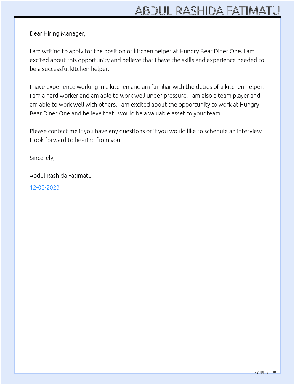 Kitchen helper At Hungry Bear Diner One Cover Letter