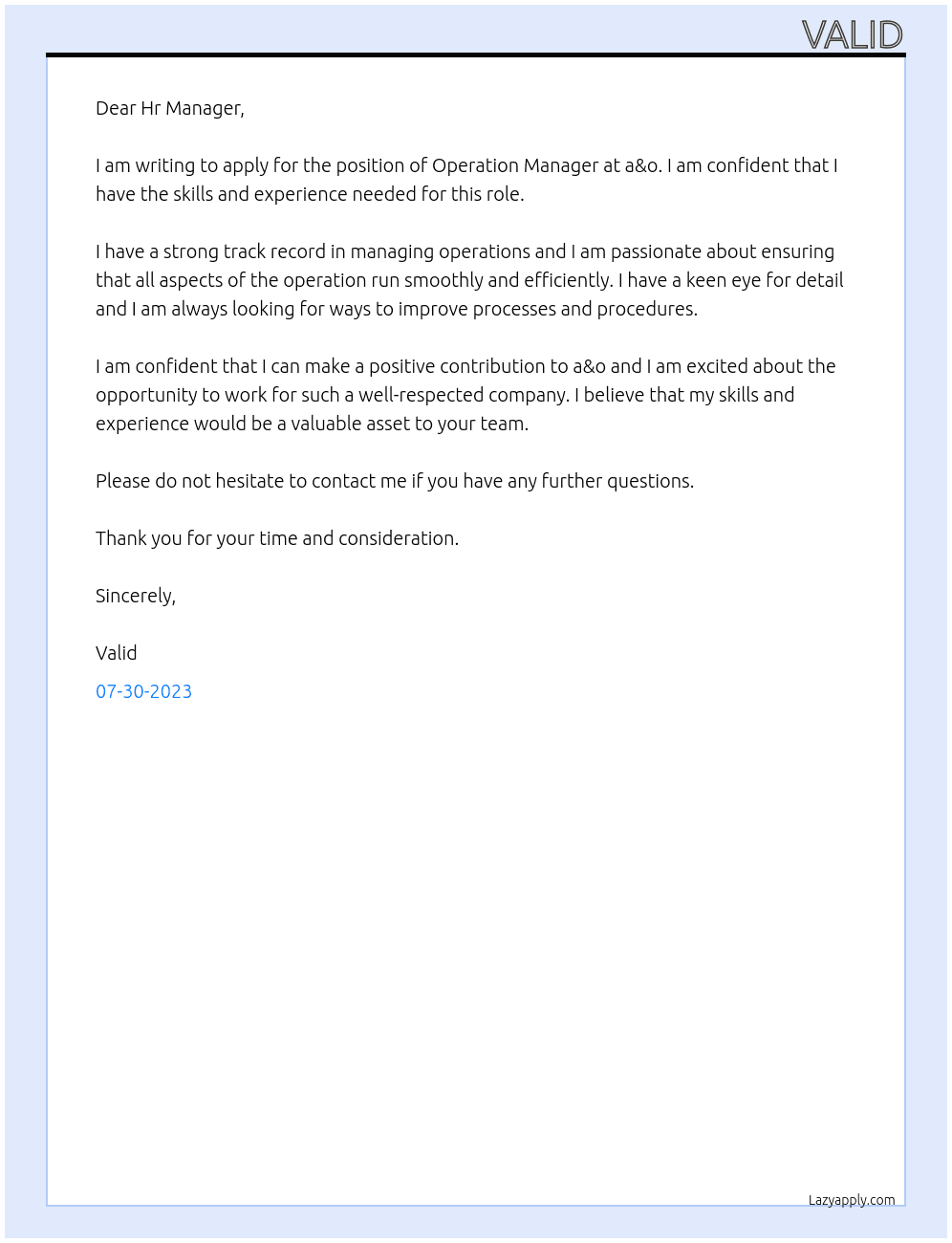 Operation manager At a&o Cover Letter