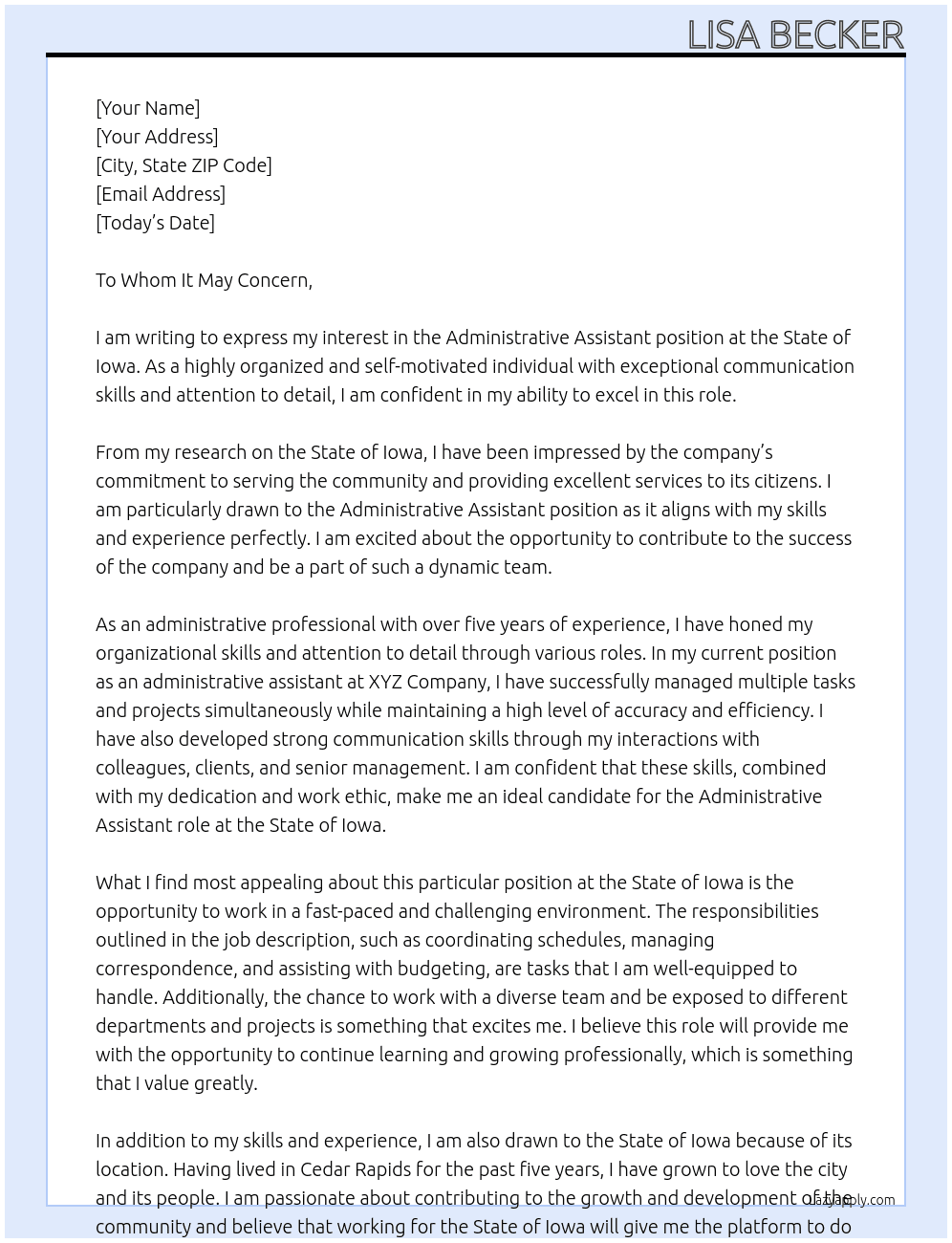Admistrative assistant At State of Iowa Cover Letter