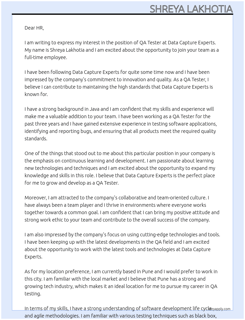 Qa tester At Data Capture Experts Cover Letter