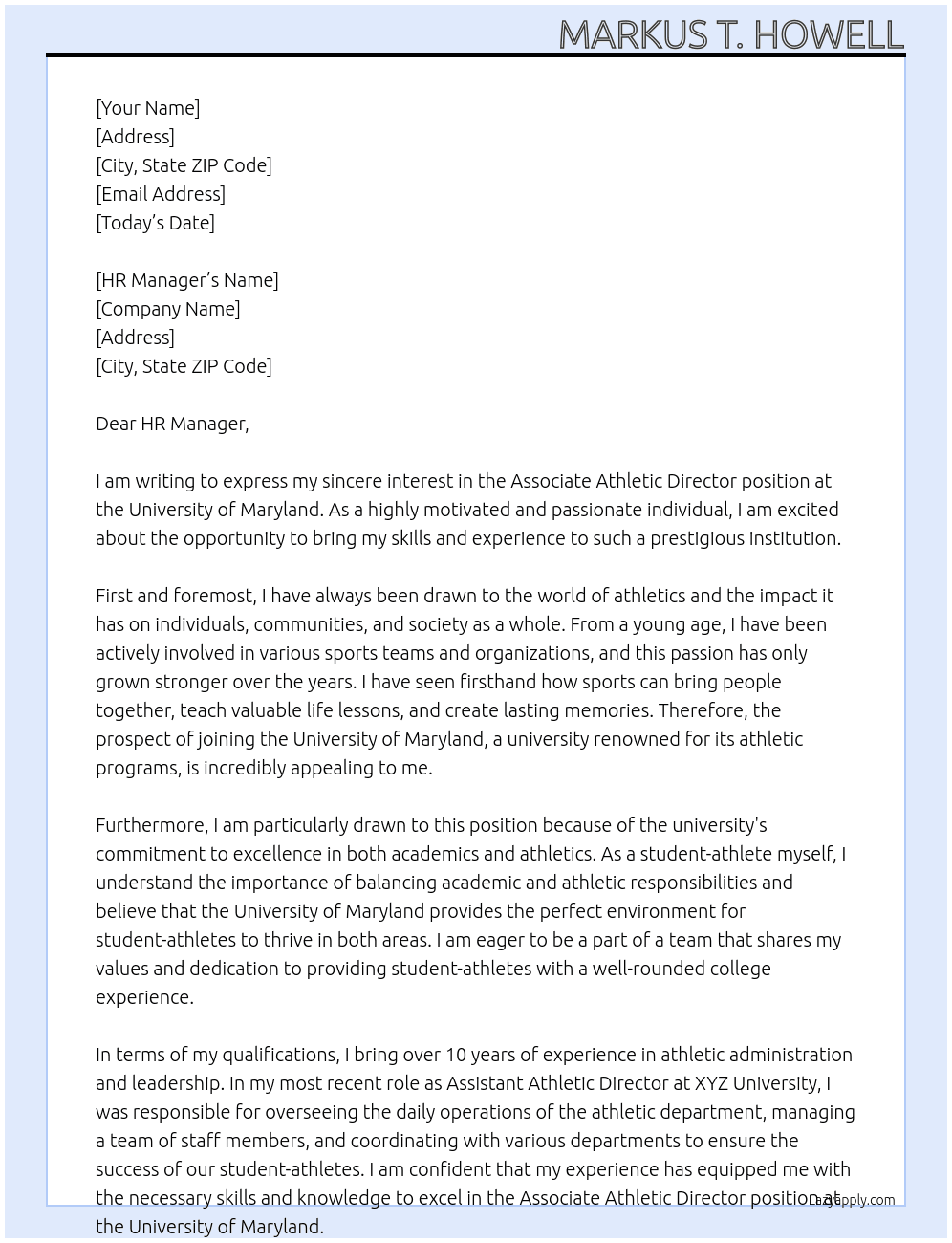 Associate Athletic Director At University of Maryland Cover Letter