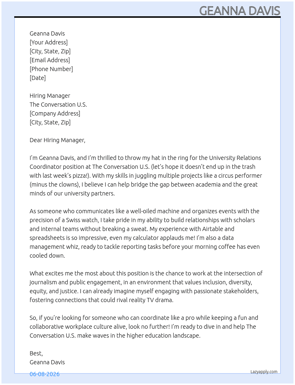Cover letter for university relations coordinator - LazyApply