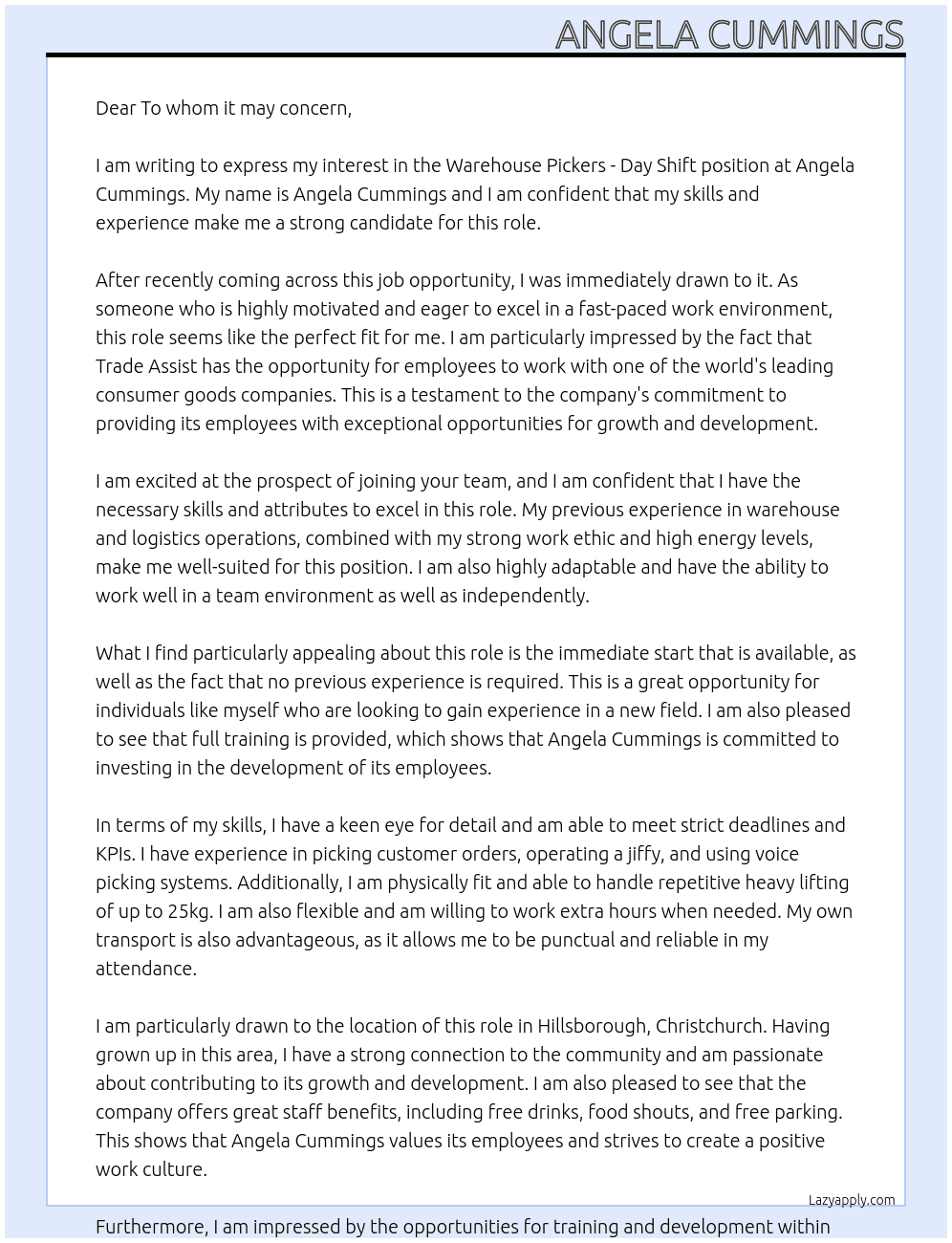 Warehouse Pickers - Day Shift At Angela Cummings Cover Letter