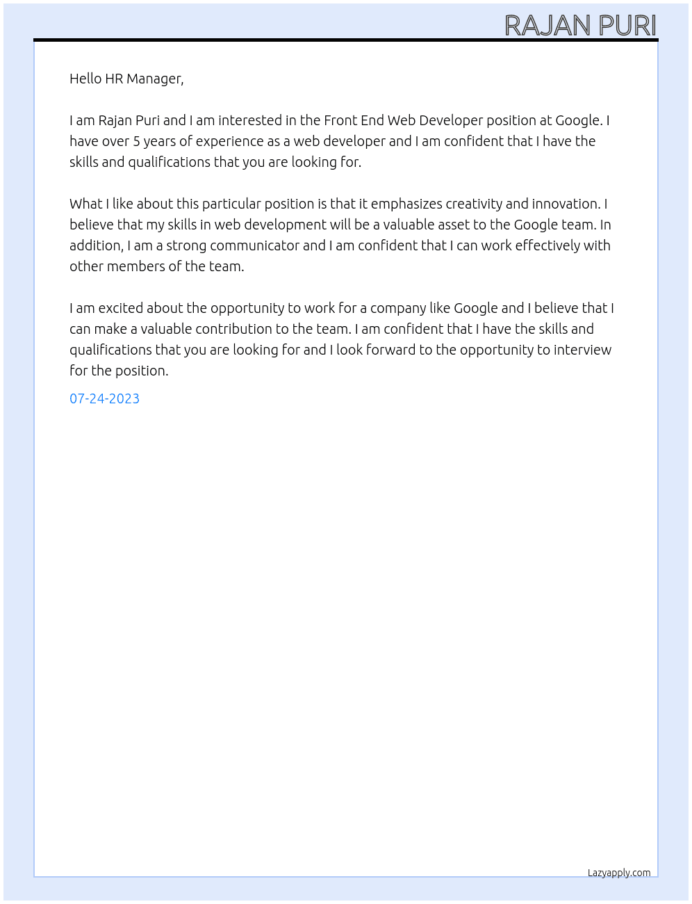 Front End Web Developer At Google Cover Letter