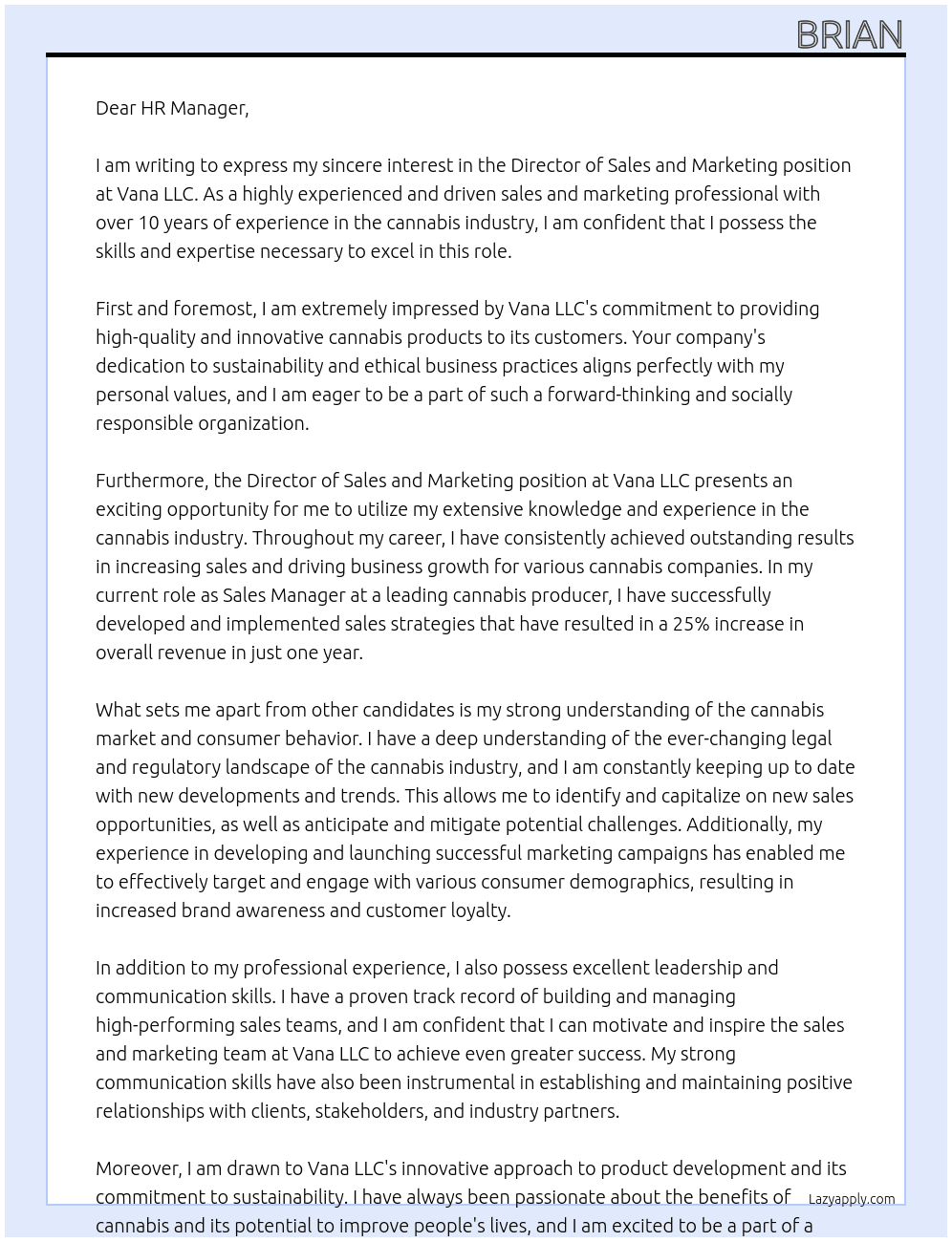 Director of Sales and Marketing- Cannabis At Vana LLC Cover Letter