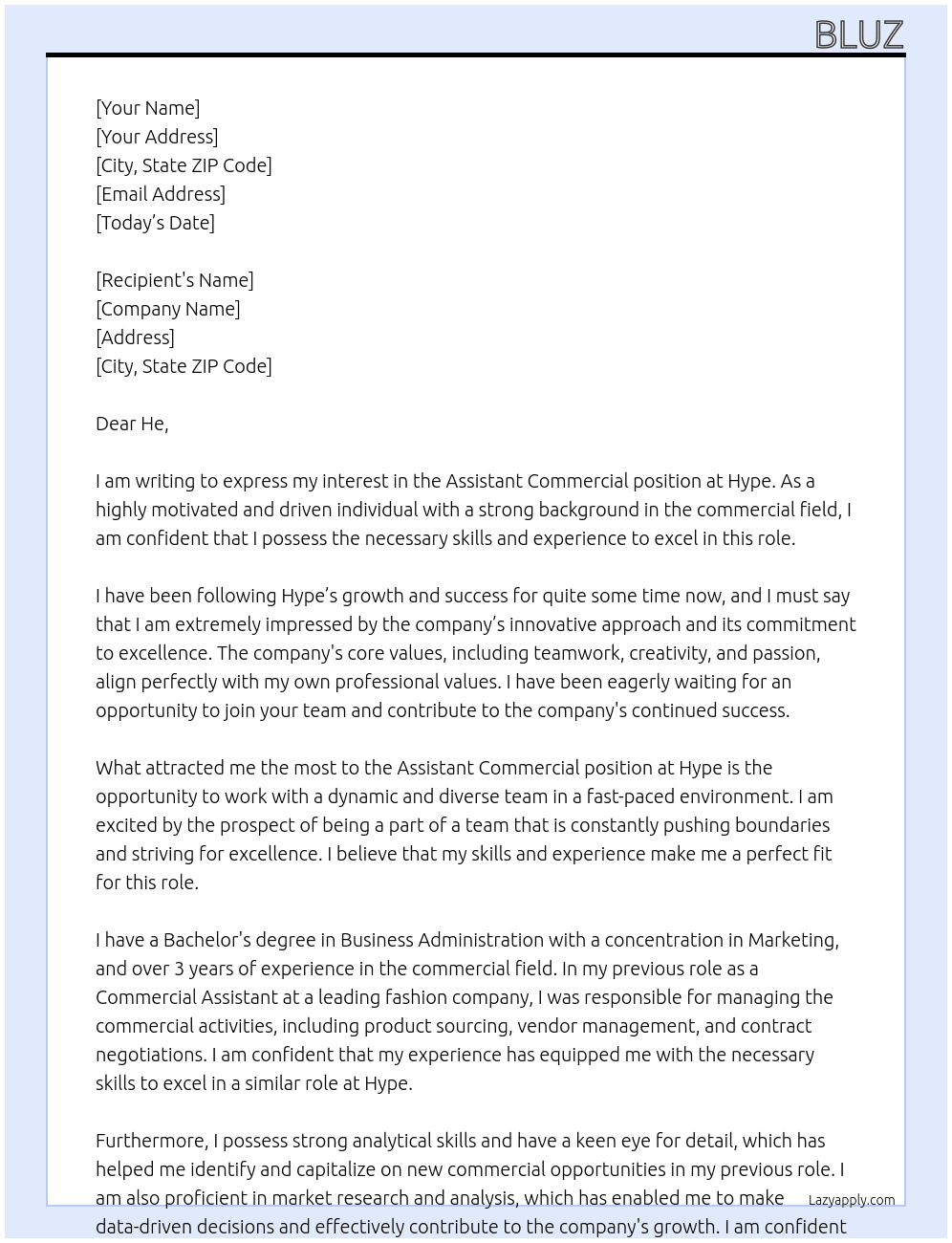assistant commercial At hype Cover Letter