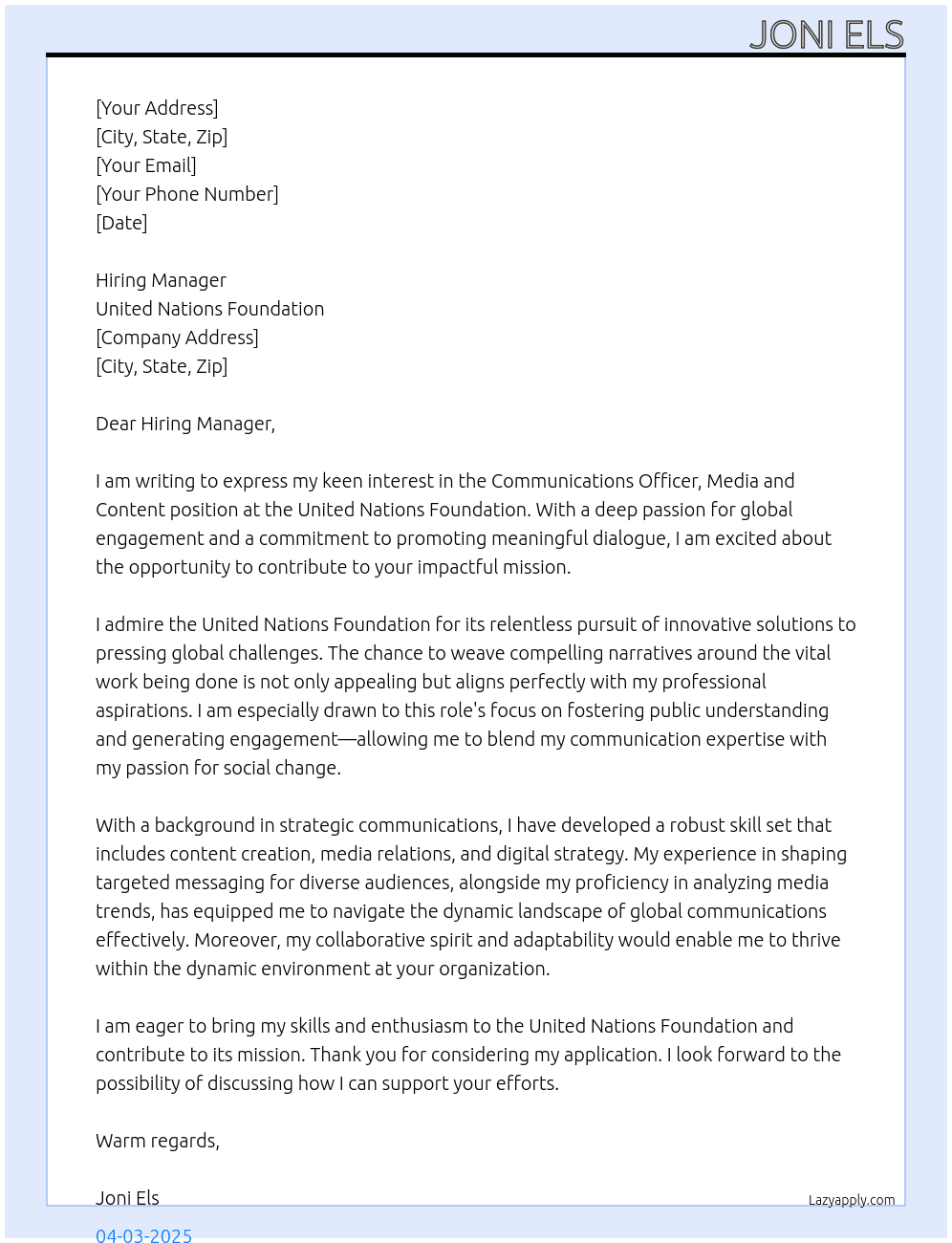 Communications Officer, Media and Content, Global Communications and Engagement At United Nations Foundation Cover Letter