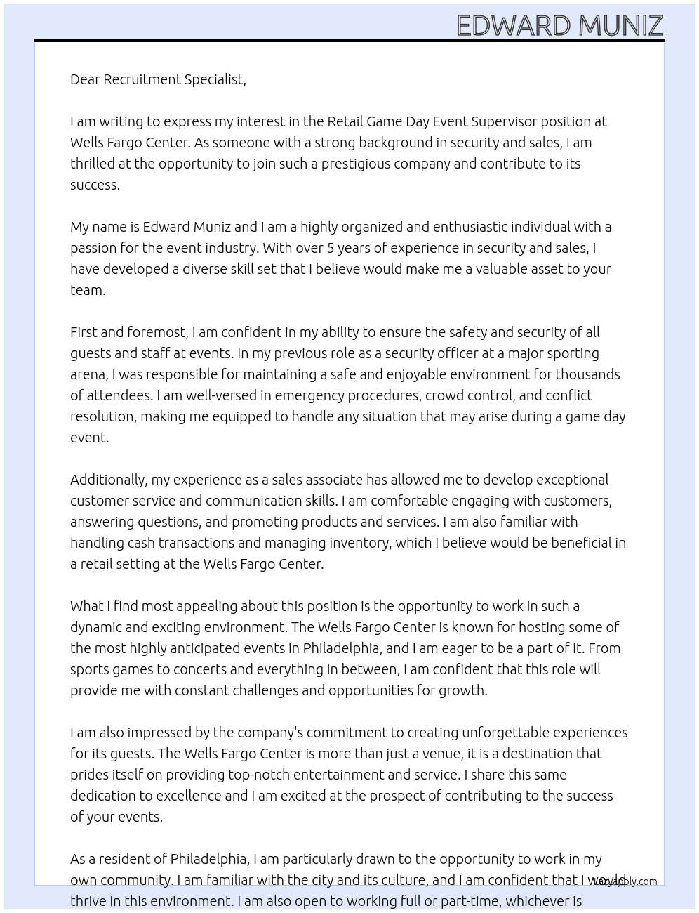 Retail game day event supervisor At Wells Fargo Center Cover Letter
