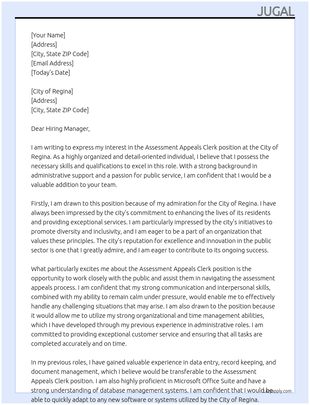 Assessment Appeals Clerk  At City of Regina Cover Letter