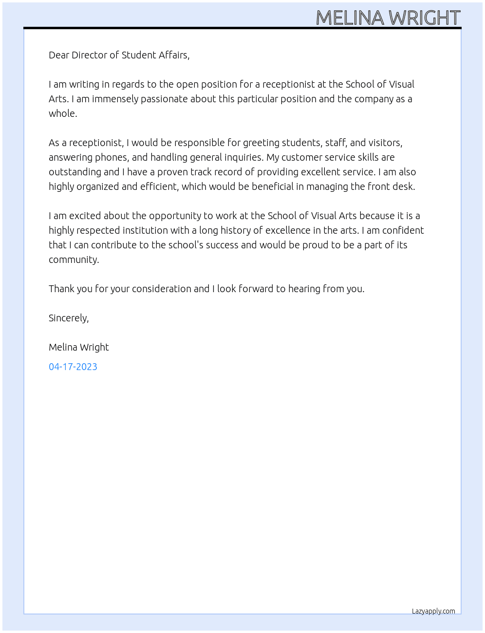 Receptionist At School of visual arts Cover Letter