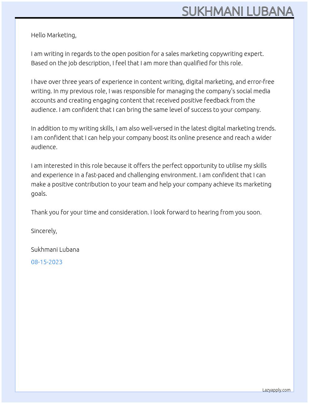 sales marketing copywriting At marketing Cover Letter