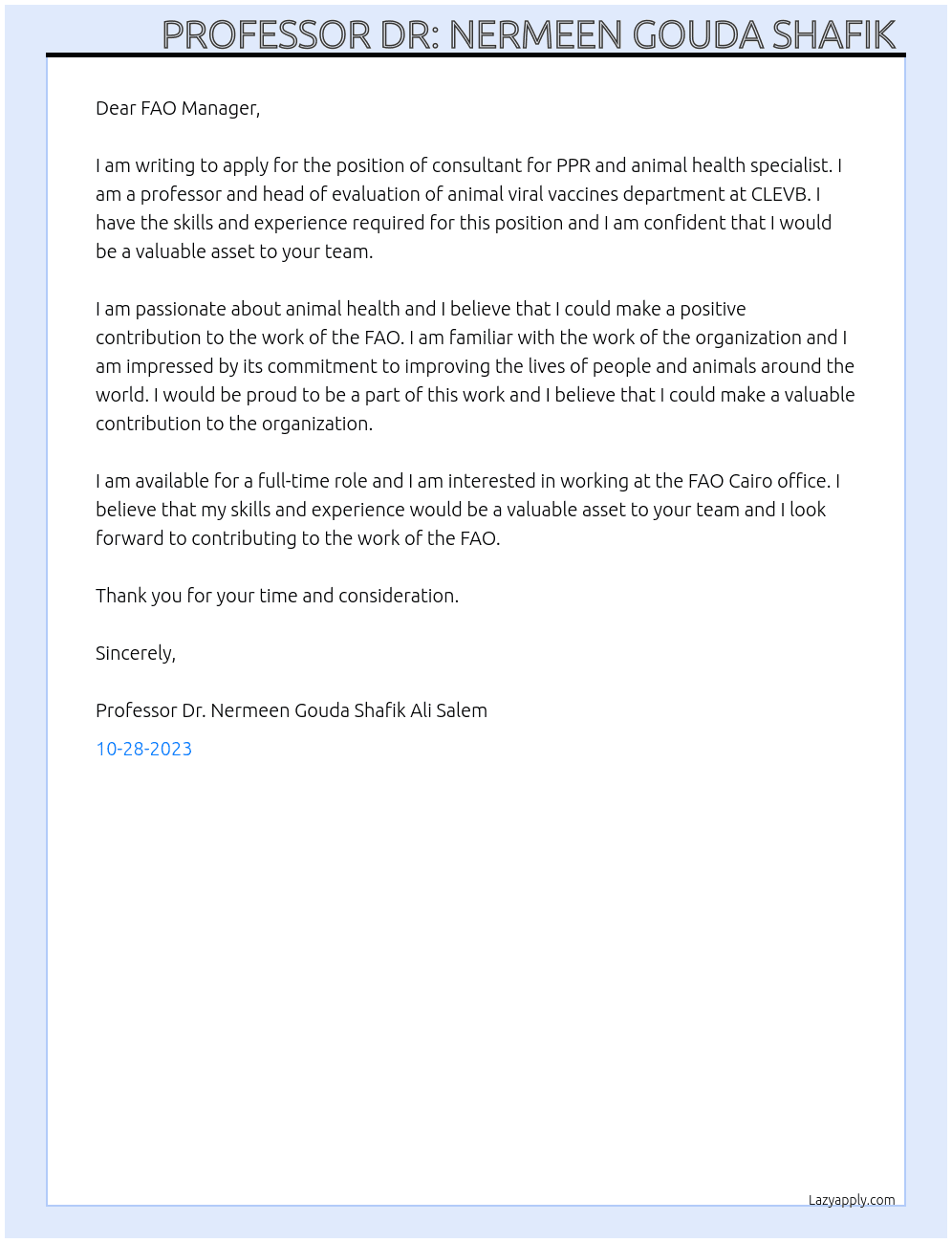 consultant for PPR and animal health specialist At FAO Organization Cover Letter