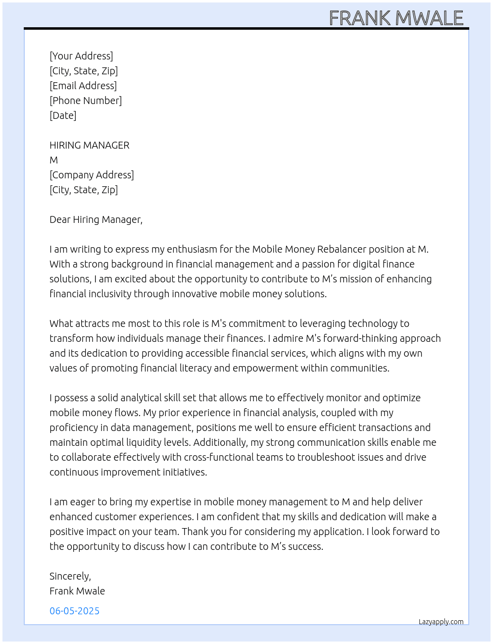 Cover letter for mobile money rebalancer - LazyApply