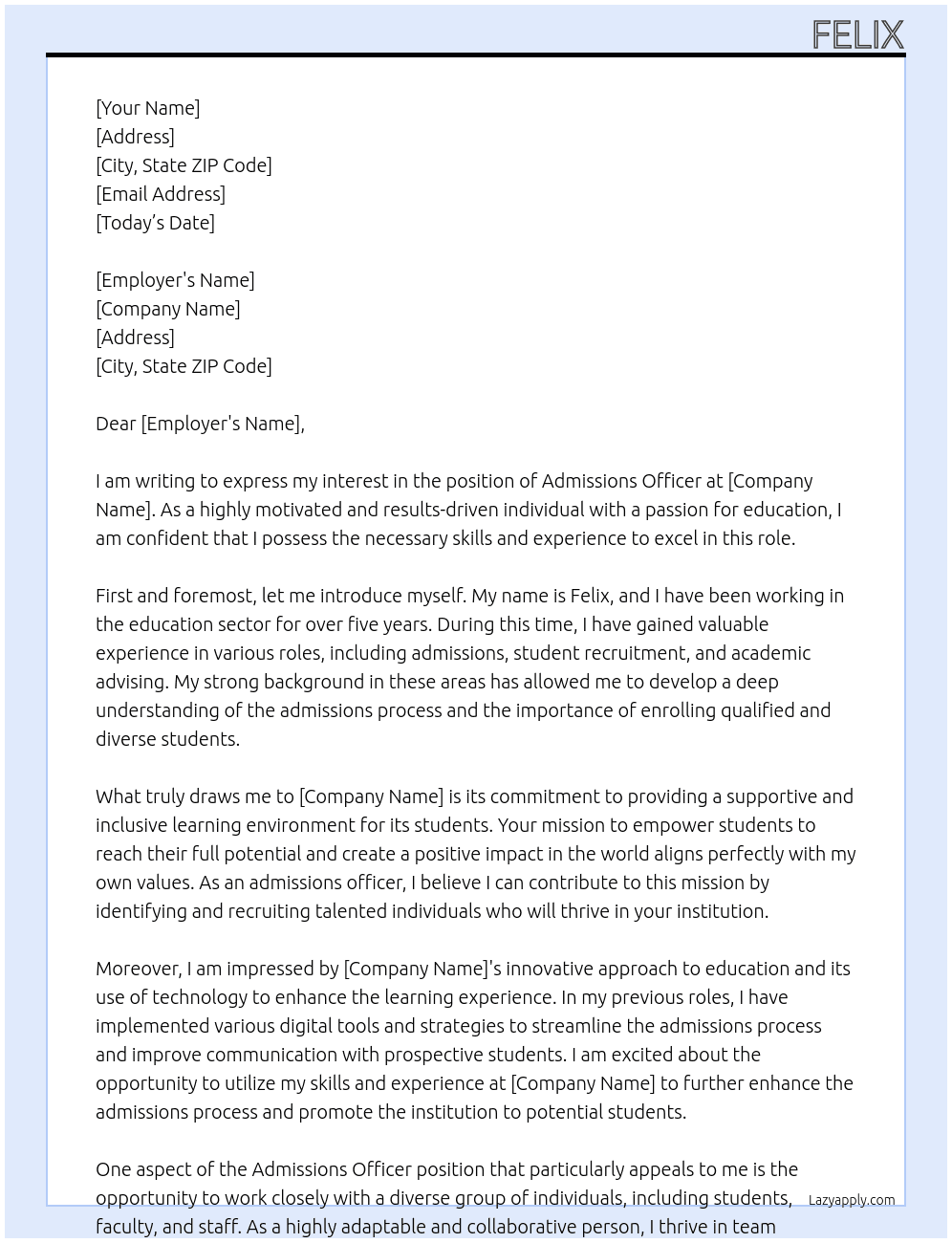 Admissions Officer At Yes Cover Letter