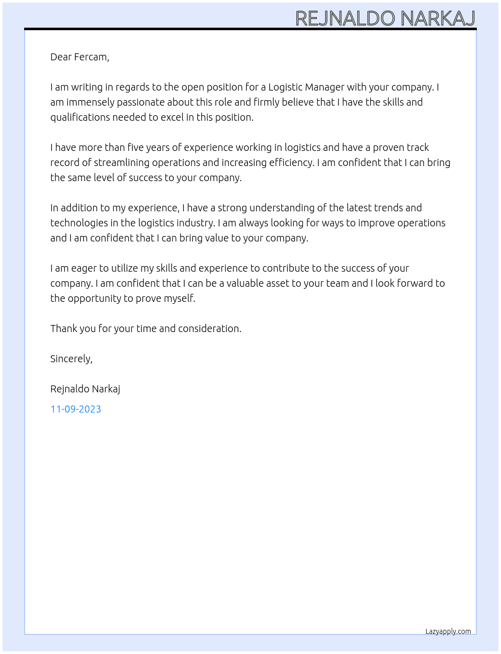 Logistic manager At Fercam Cover Letter