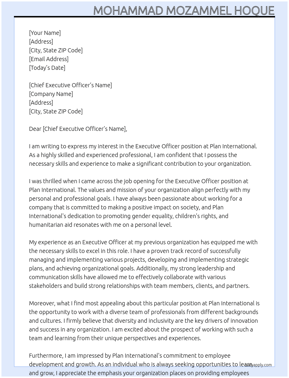 Executive Officer At Plan International Cover Letter