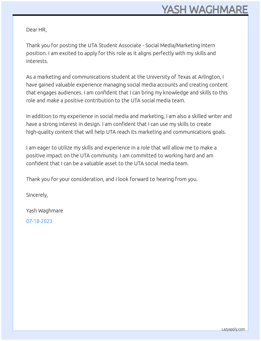 UTA Student Associate - Social Media/Marketing Intern At UTA Cover Letter