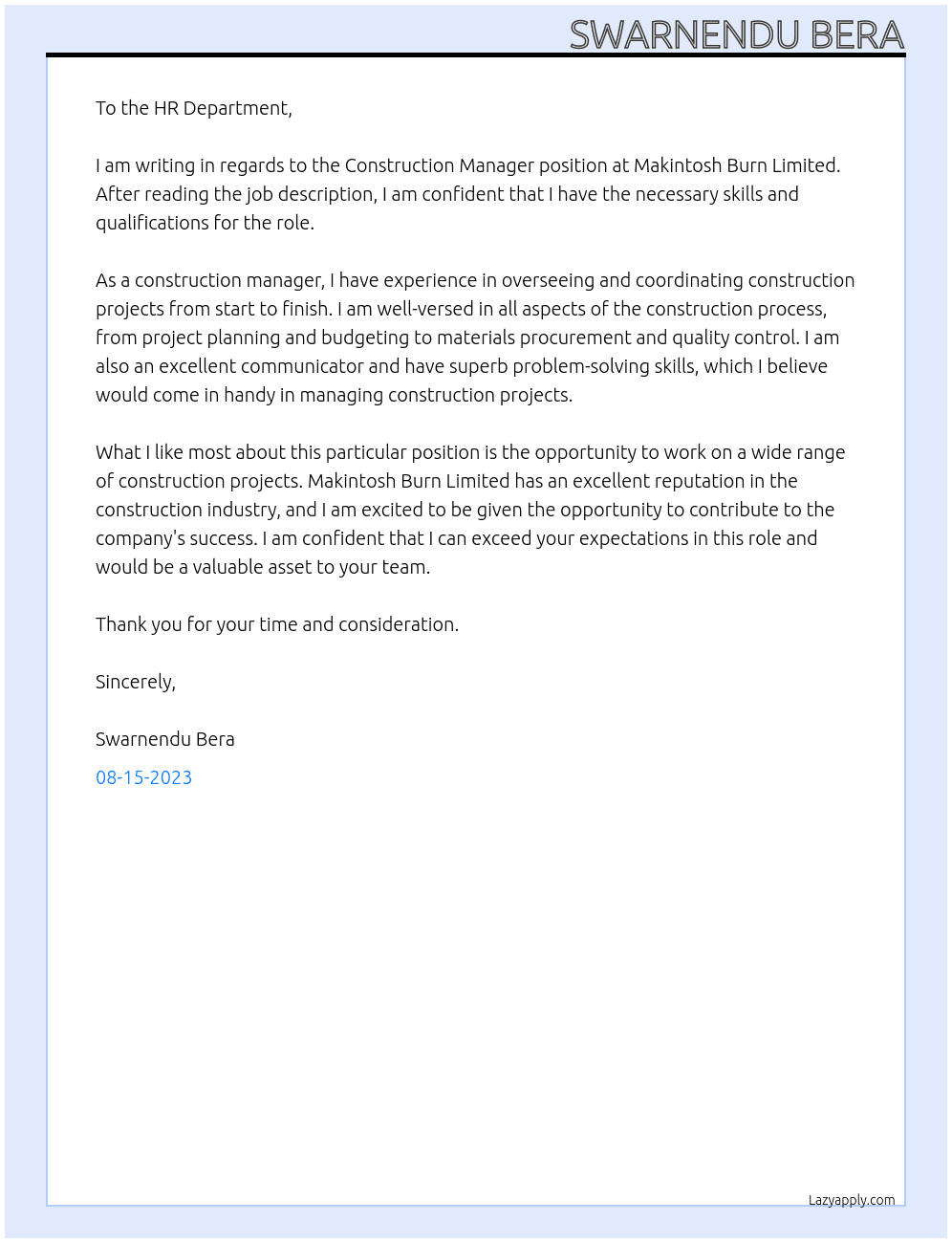 Construction Manager  At MAKINTOSH BURN LIMITED Cover Letter