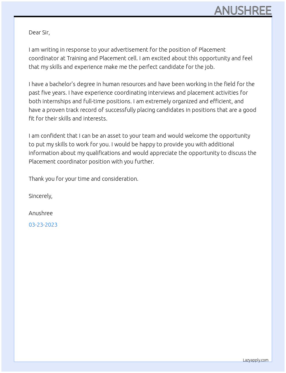 Placement coordinator At Training and Placement cell Cover Letter