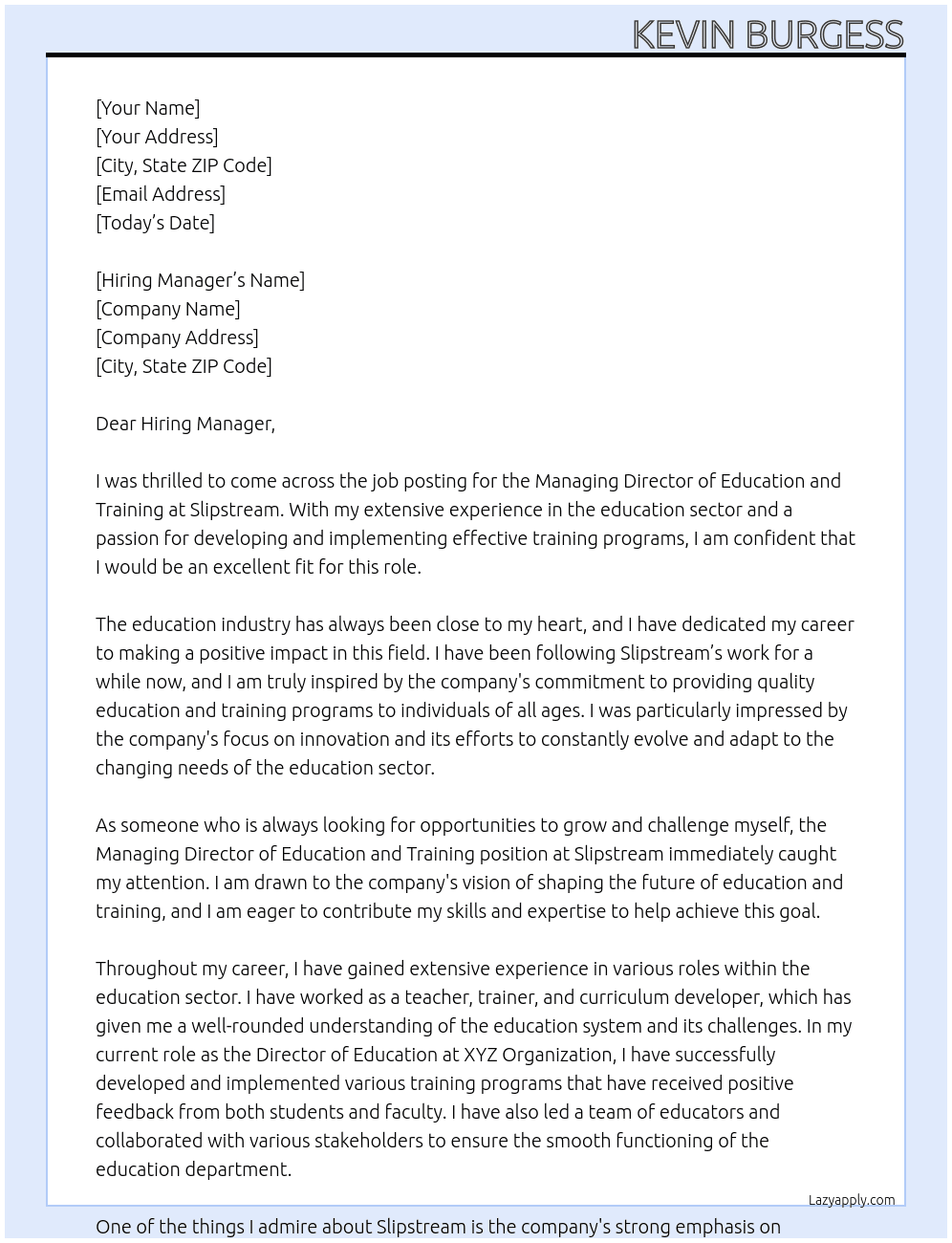 Managing Director of Education and Training At Slipstream Cover Letter