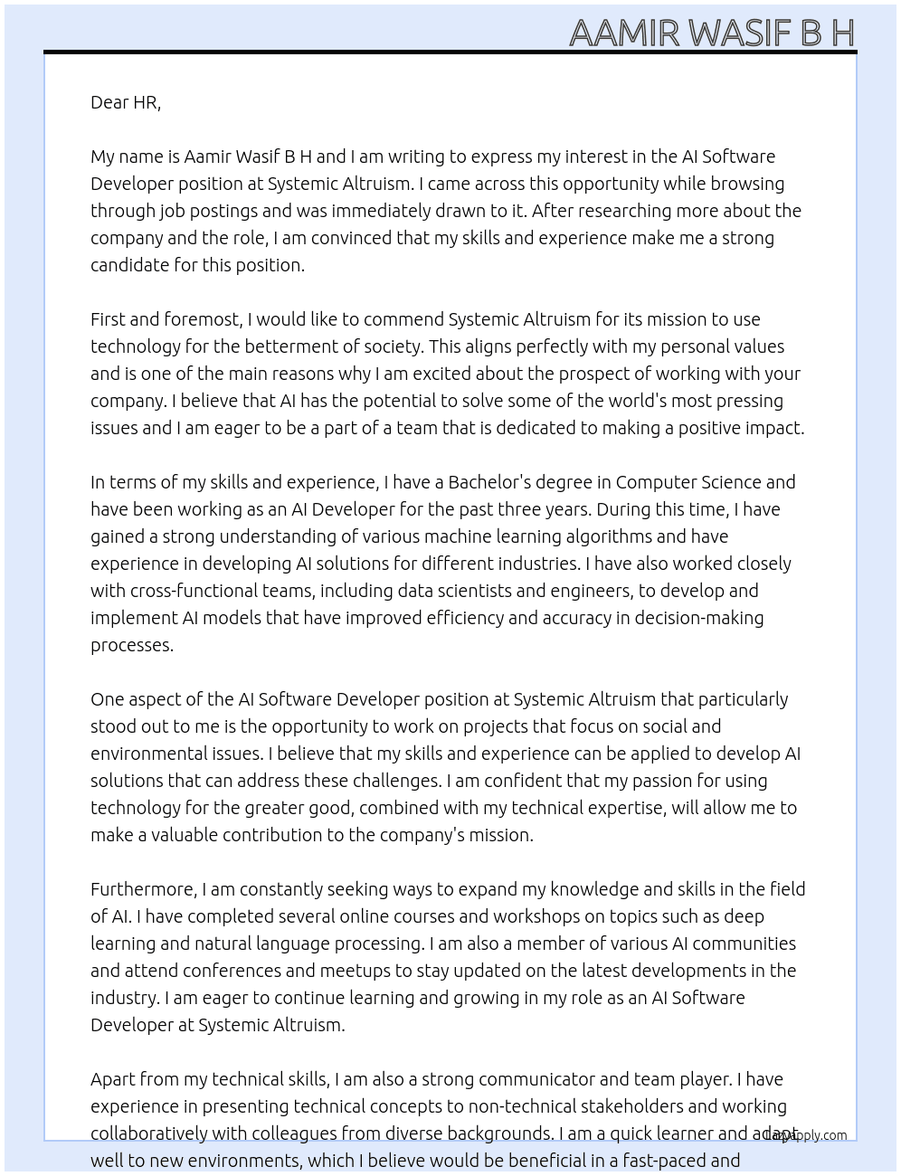 AI Software Developer At Systemic Altruism Cover Letter