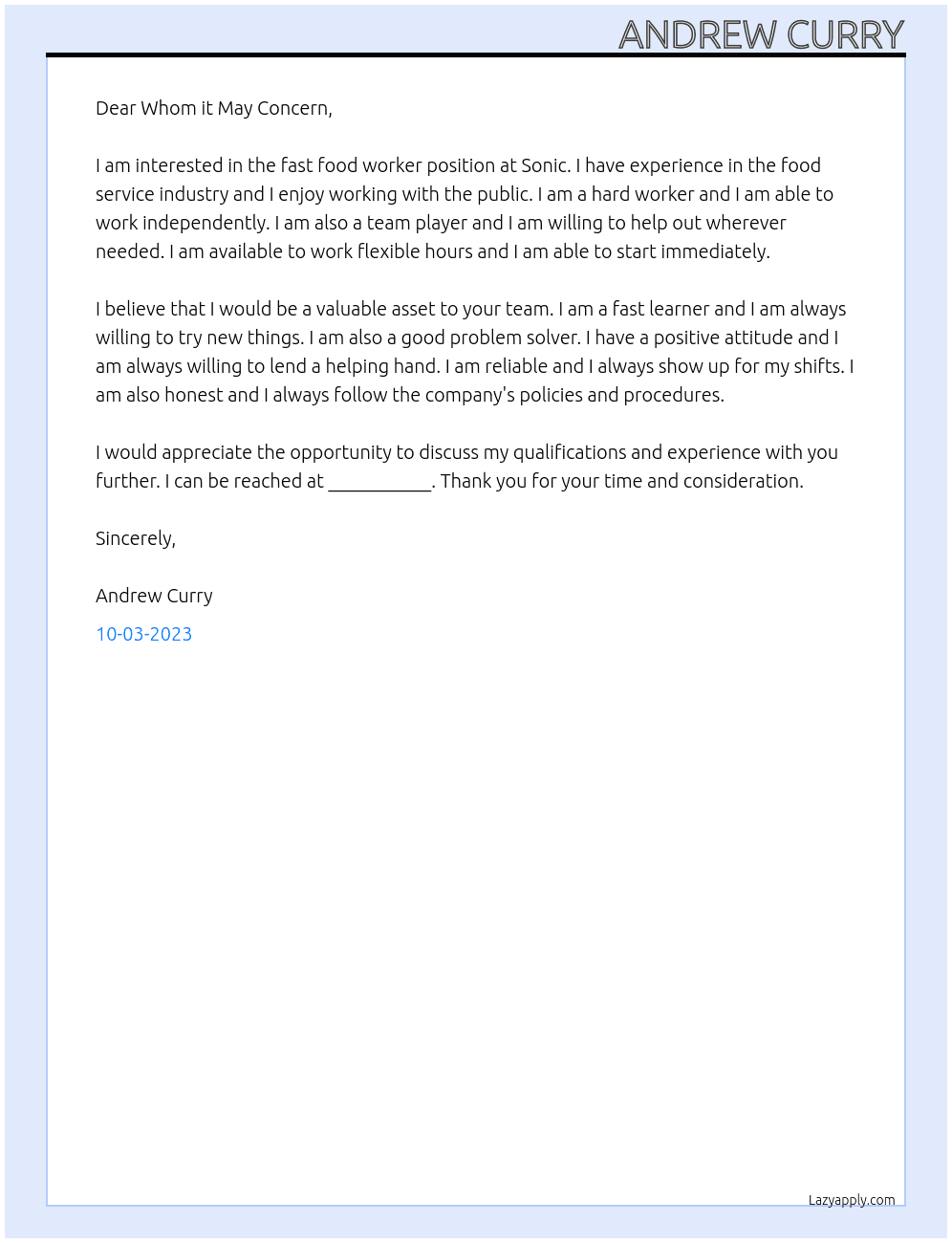 fast food worker At Sonic Cover Letter