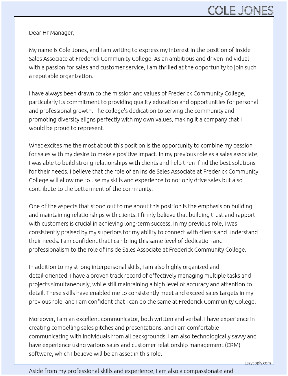 Inside sales associate  At Frederick Community College Cover Letter