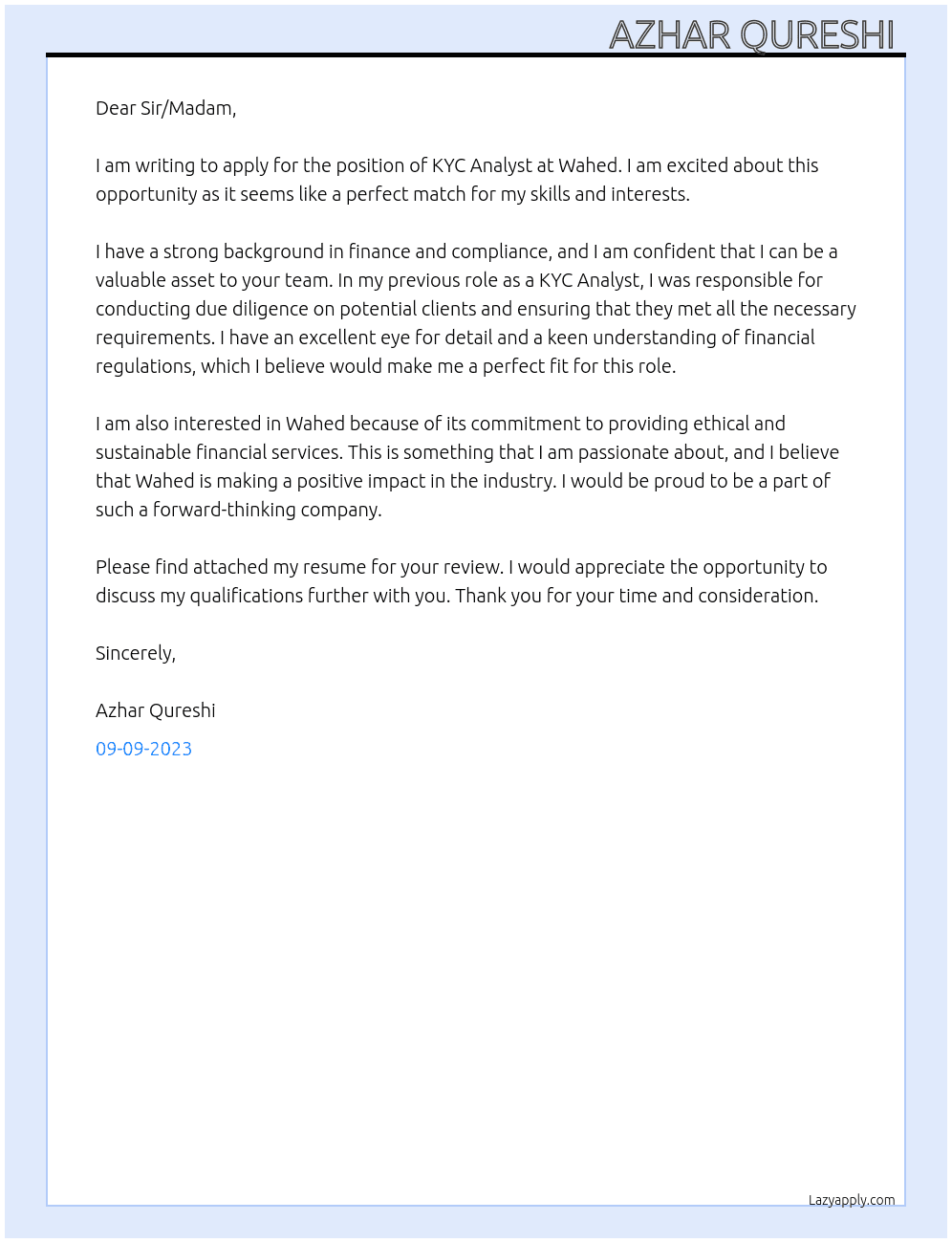 KYC Analyst  At Wahed  Cover Letter