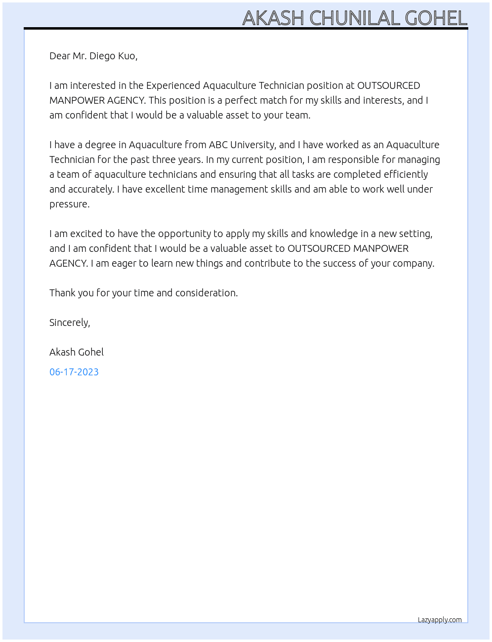 Experienced Aquaculture Technician  At OUTSOURCED MANPOWER AGENCY  Cover Letter