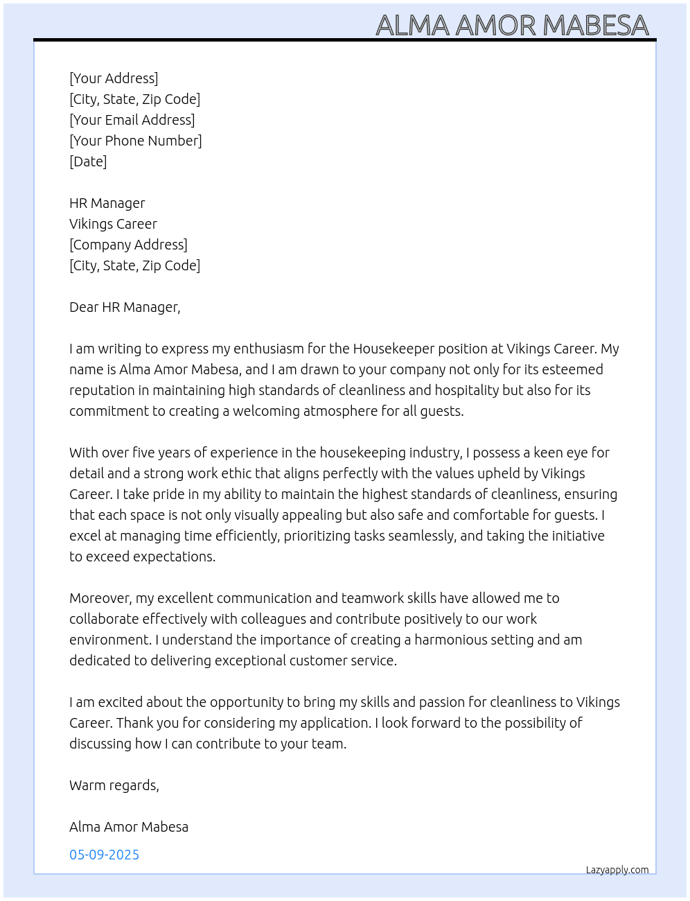 Housekeeper  At Vikings Career  Cover Letter