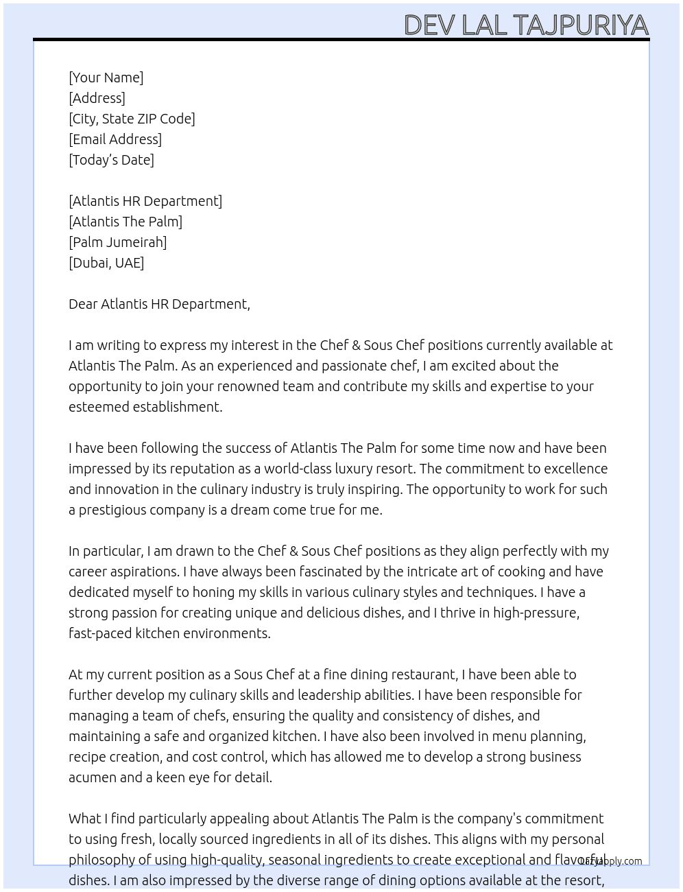 Chef & Sous Chef At Atlantis The Palm Cover Letter
