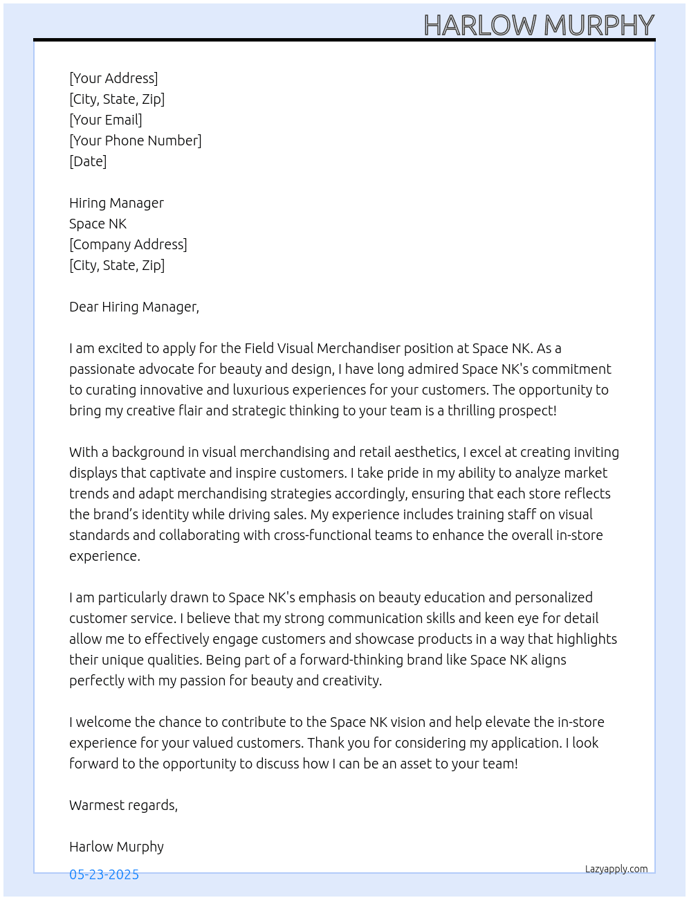Field visual merchandiser  At Space NK Cover Letter