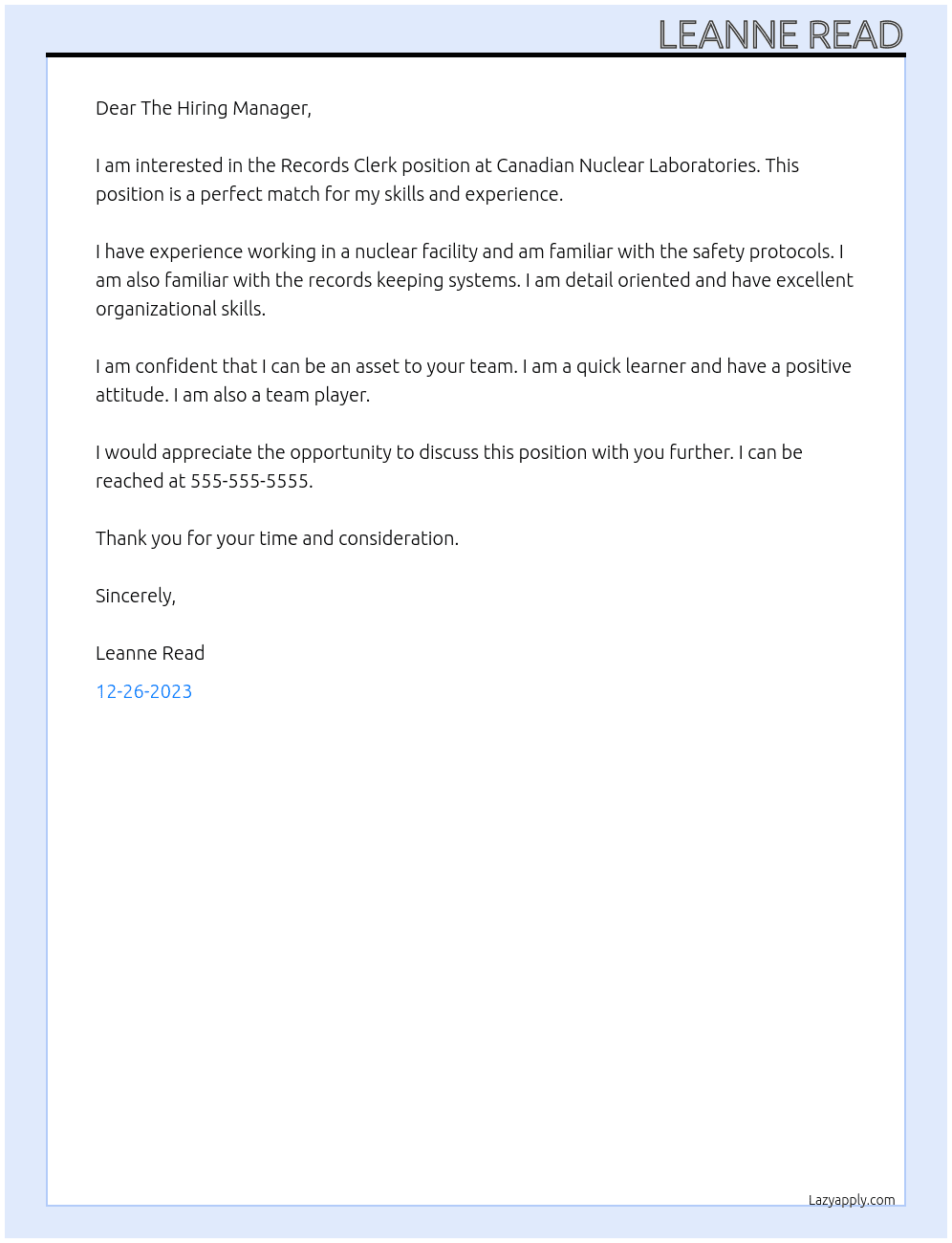 Records Clerk At Canadian Nuclear Laboratories  Cover Letter