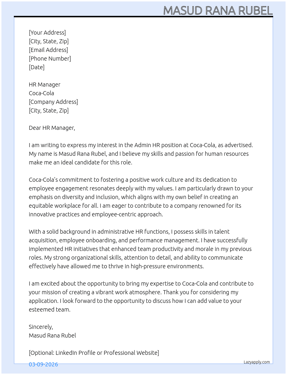 Admin HR  At COCACOLA  Cover Letter