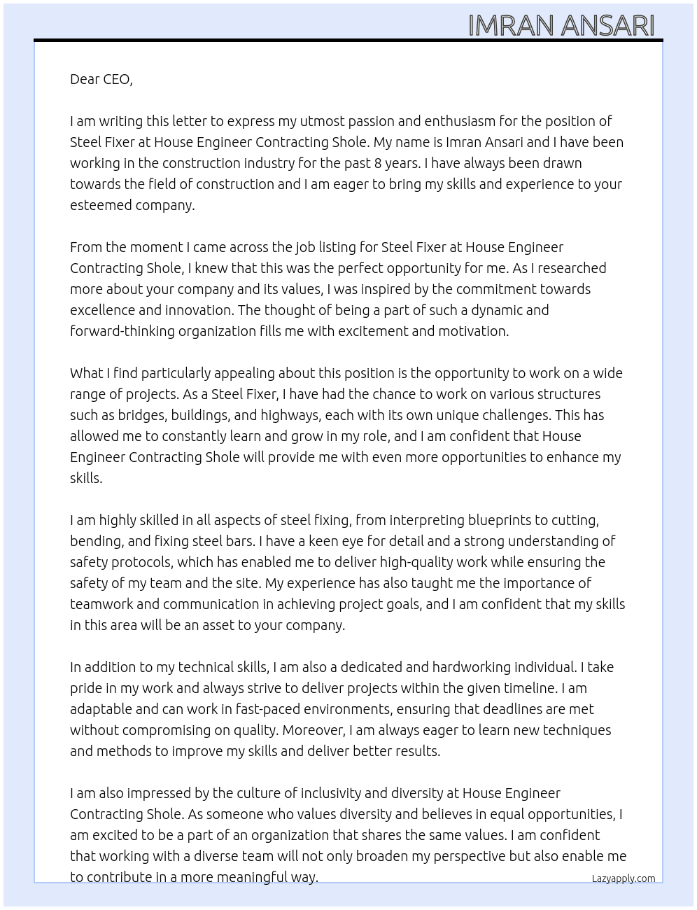 Steel fixer  At House engineer contacting shole  Cover Letter