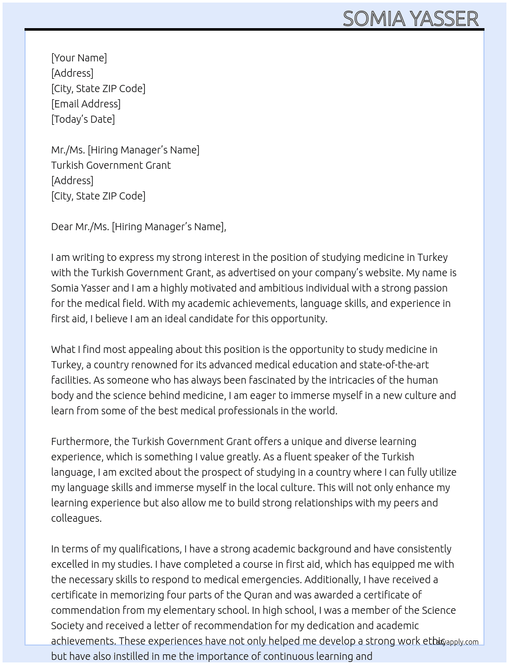 study medicine in Turkey At Turkish government grant Cover Letter