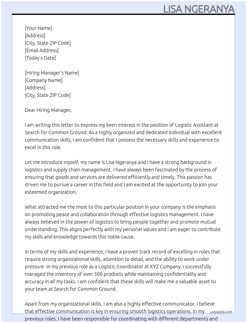 Logistic assistant At Search for Common Ground Cover Letter