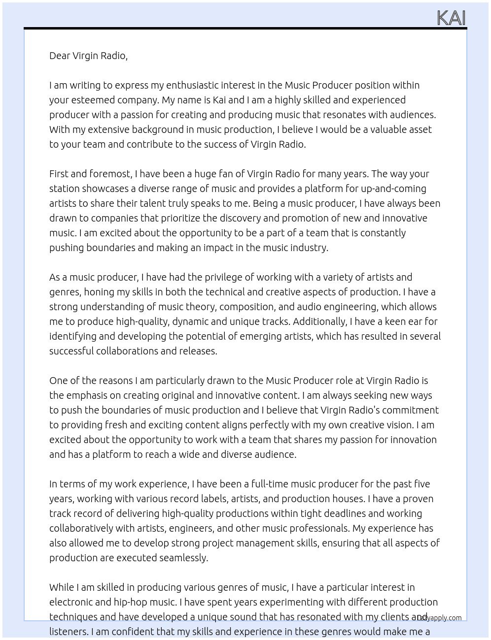 music producer At virgin Raadio Cover Letter
