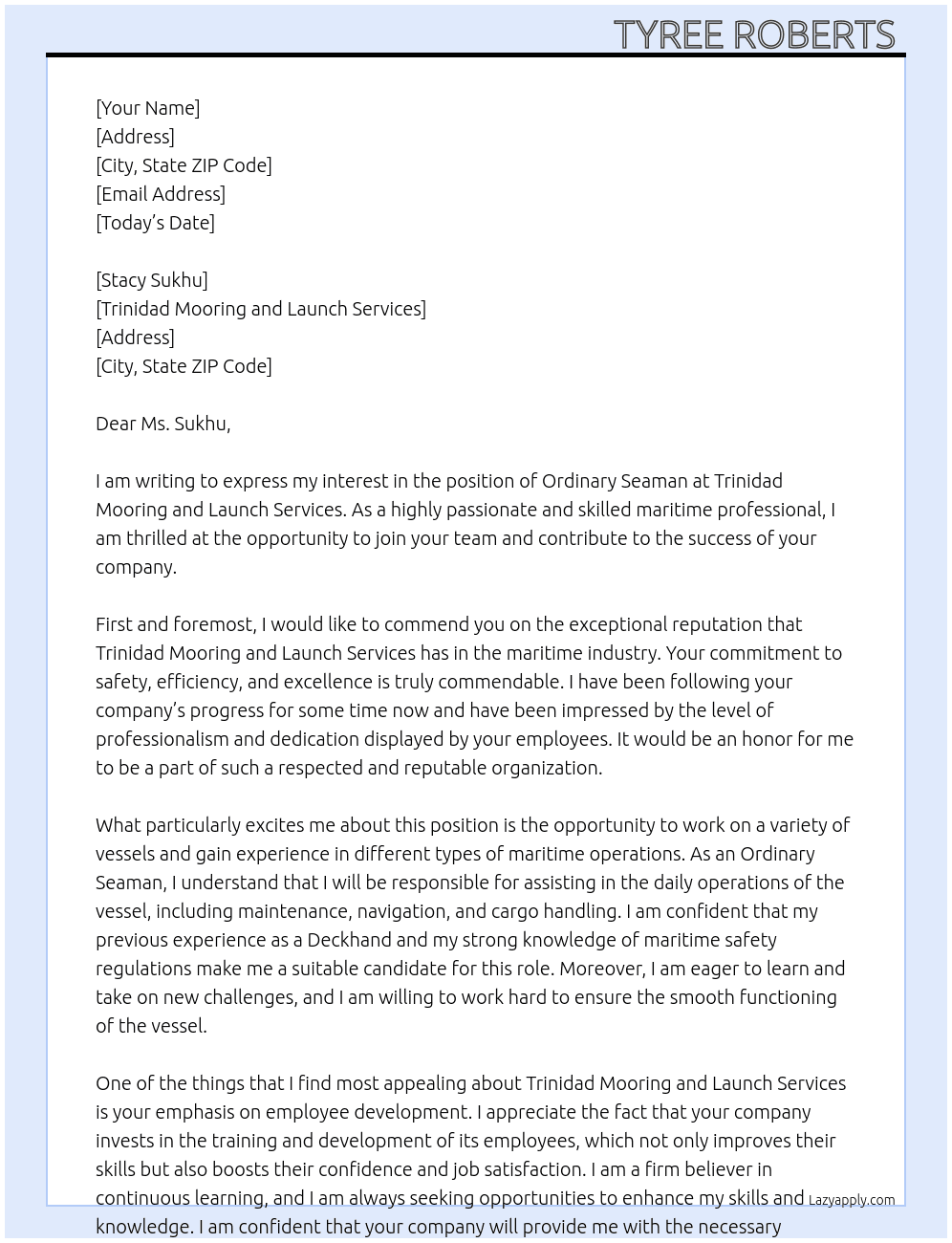 Ordinary Seaman At Trinidad Mooring and Launch Services Cover Letter