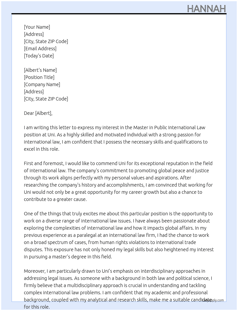 Master in public international law At Uni Cover Letter