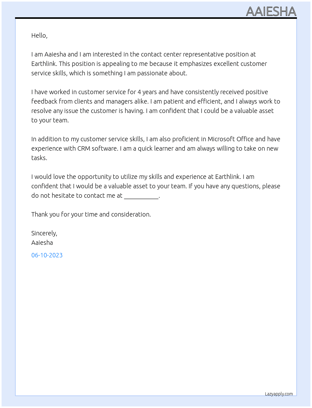 Contact center representative At Earthlink Cover Letter
