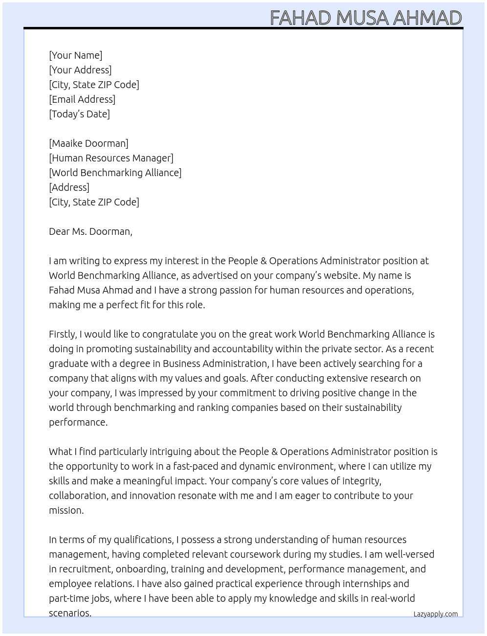 People & Operations Administrator  At World Benchmarking Alliance Cover Letter