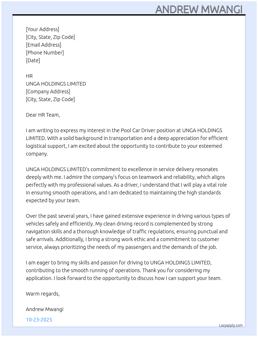 Pool car Driver  At UNGA HOLDINGS LIMITED Cover Letter